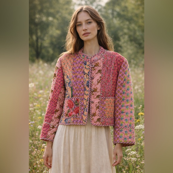 Stella Impex Jackets & Blazers - NWT Stella Impex Handmade Cotton Peach Patchwork Quilted Jacket Pink Small